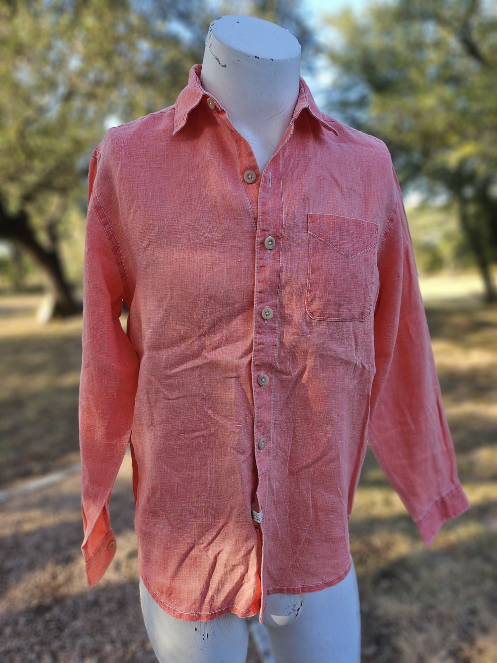 Tommy Bahama Distressed Linen Coral Pink Long-Sleeve Button-Down Summer Shirt S